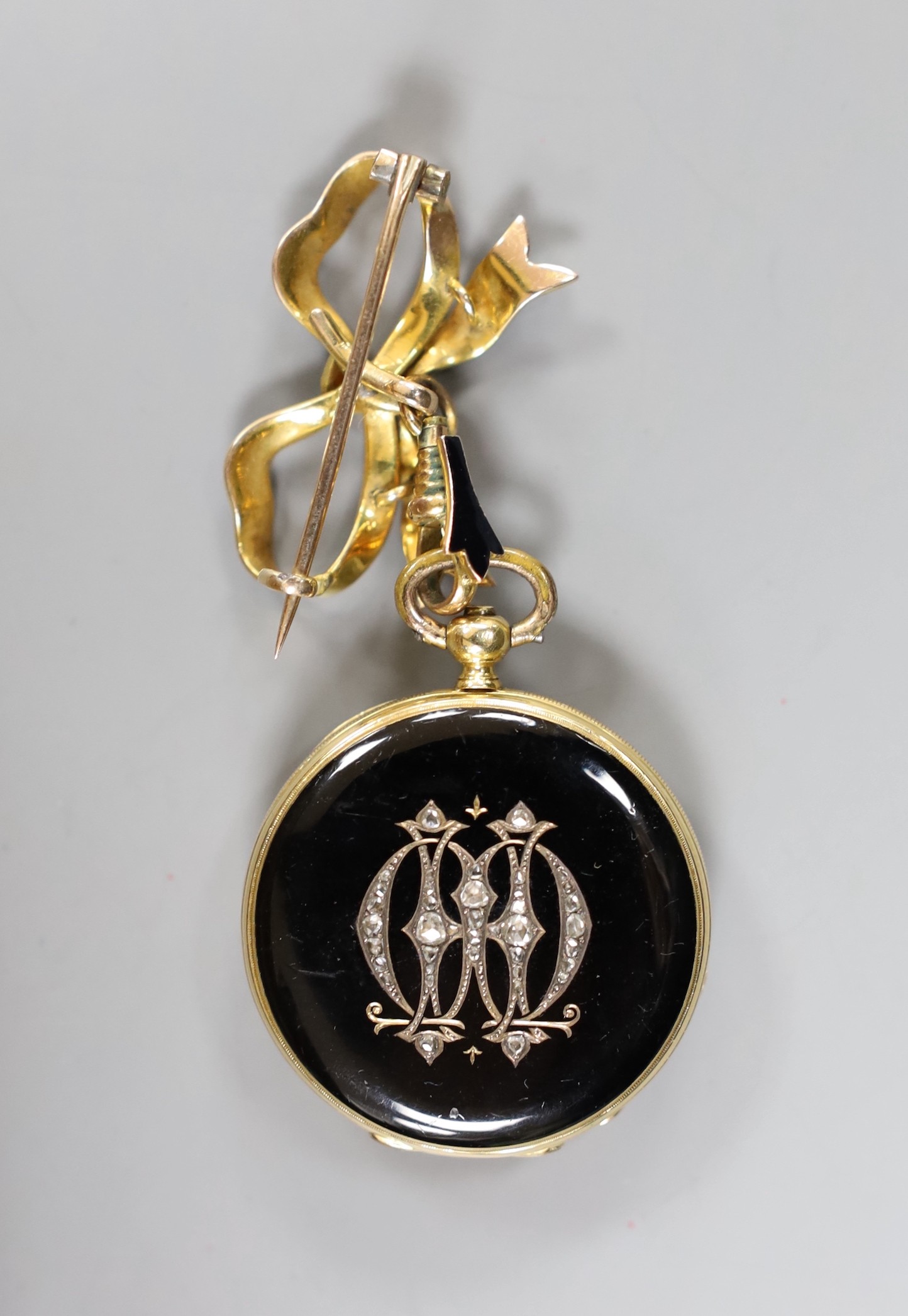 A 19th century Swiss yellow metal, black enamelled and rose cut diamond set fob watch with 9ct and black enamelled ribbon suspension bow brooch, gross weight 31.8 grams, win wooden carrying case, together with assorted w